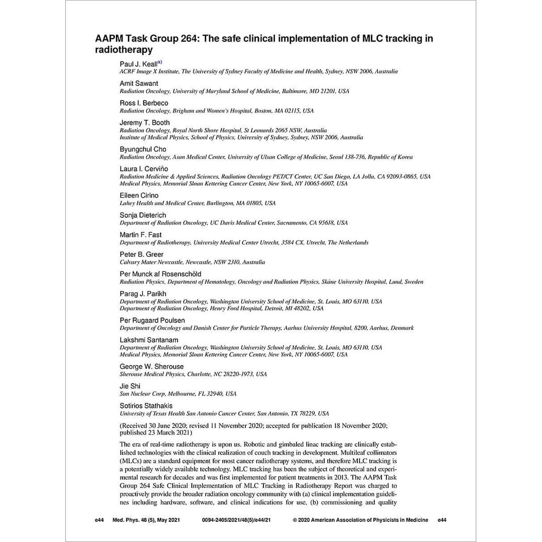 The Safe Clinical Implementation of MLC Tracking in Radiotherapy: Report of AAPM Task Group 264 ➡️ aapm.me/AAPMReport264 #AAPMReports